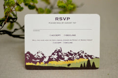 Grand Teton Wedding Invitation with Birch Trees (Purple and Gold) // Invite with Envelopes & RSVP Postcard // BP1