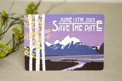 Purple Grand Teton Mountains with Birch Trees // Mountain Landscape // Save the Dates 5x7 Postcards // BP1