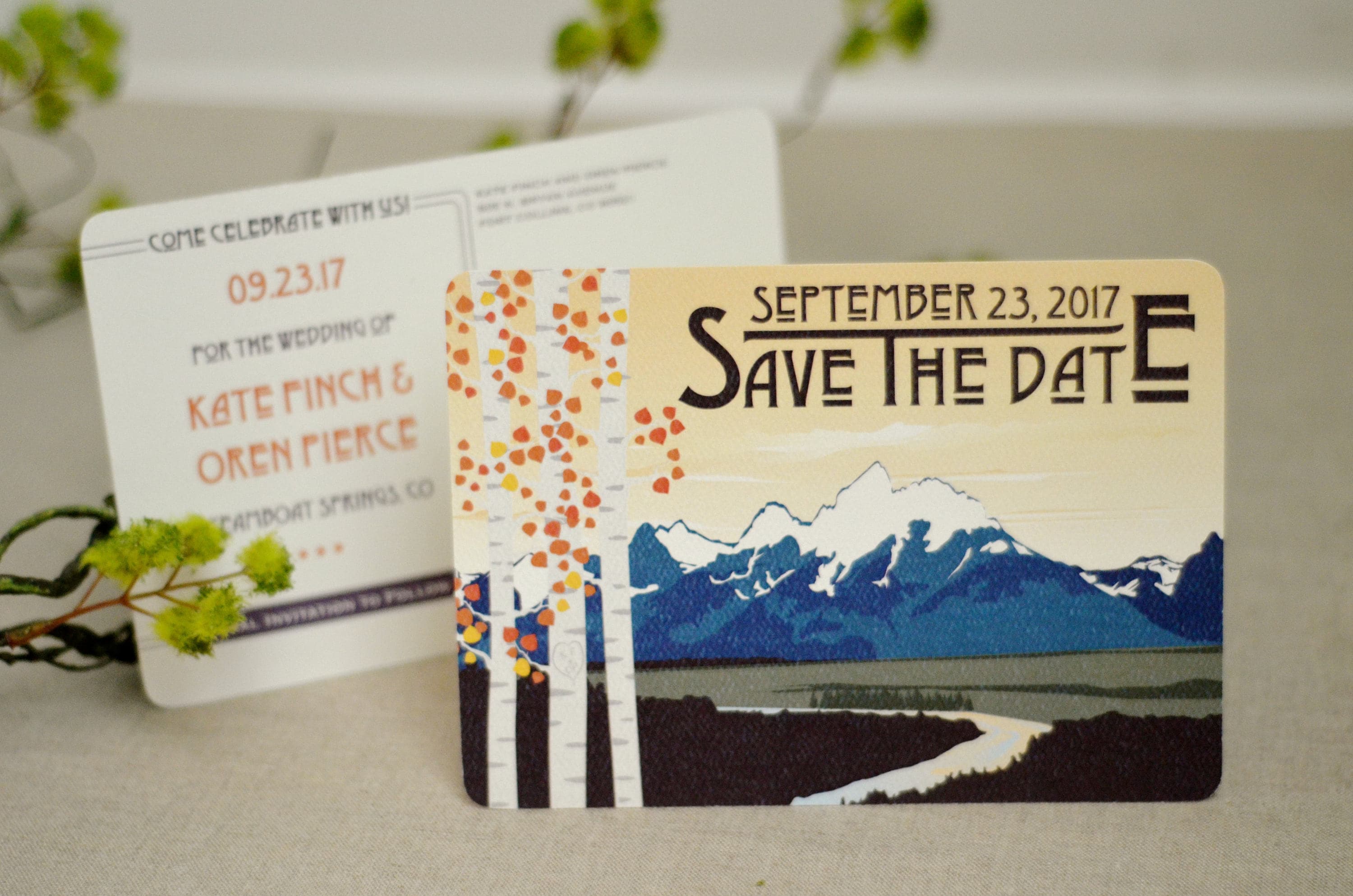 Blue Fall Grand Teton Mountains with Birch Trees // Mountain Landscape // Save the Dates 5x7 Postcards