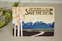 Blue Fall Grand Teton Mountains with Birch Trees // Mountain Landscape // Save the Dates 5x7 Postcards