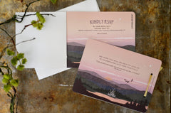 Dramatic Dusk over Lake Fairytale Castle with Tuscan Greenery Livret Wedding Invitation with A7 Envelope