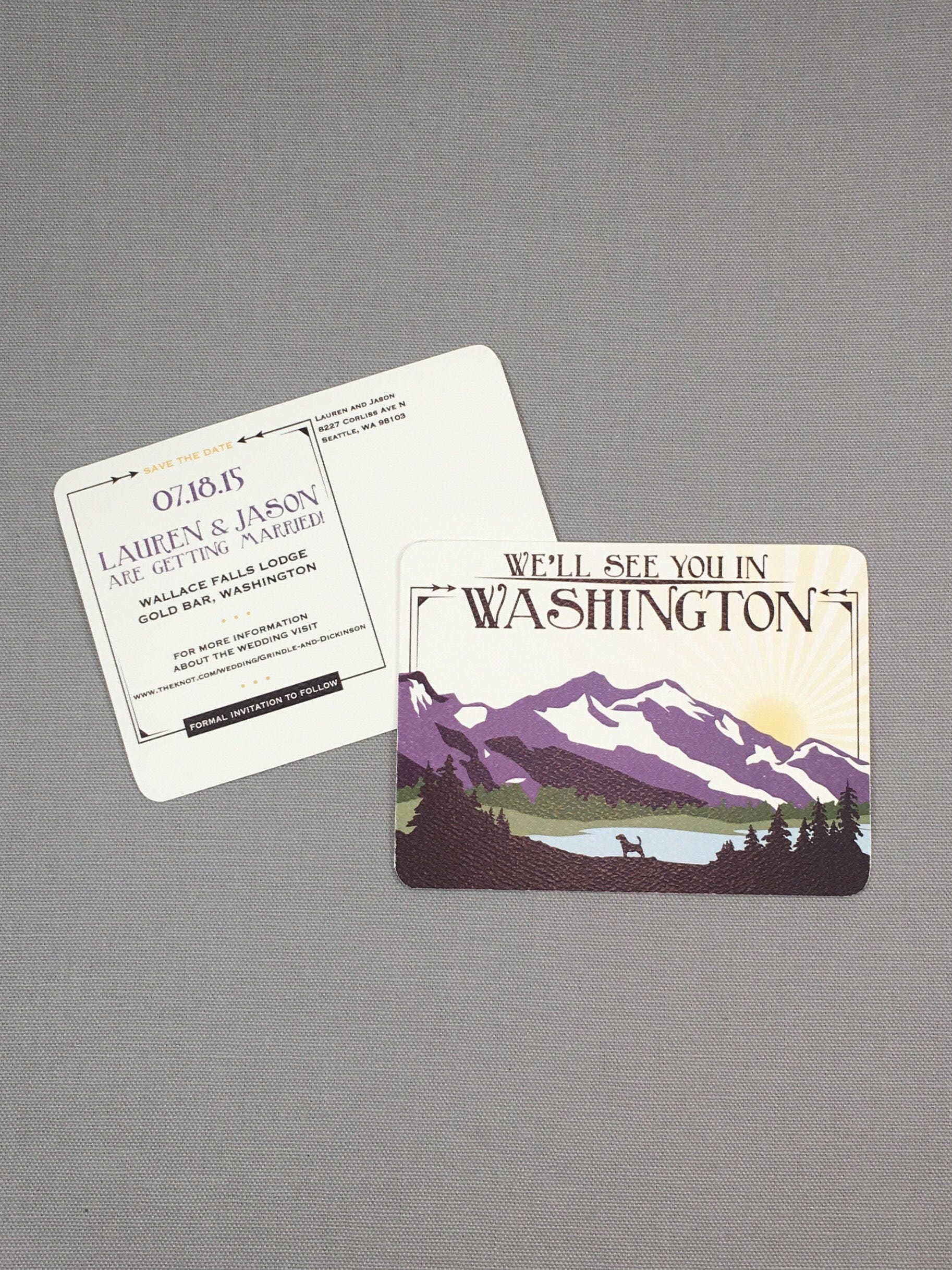 Sleeping Lady Purple Mountains with Dog Wedding Save the Date Postcards // Washington Mountain Save the Date