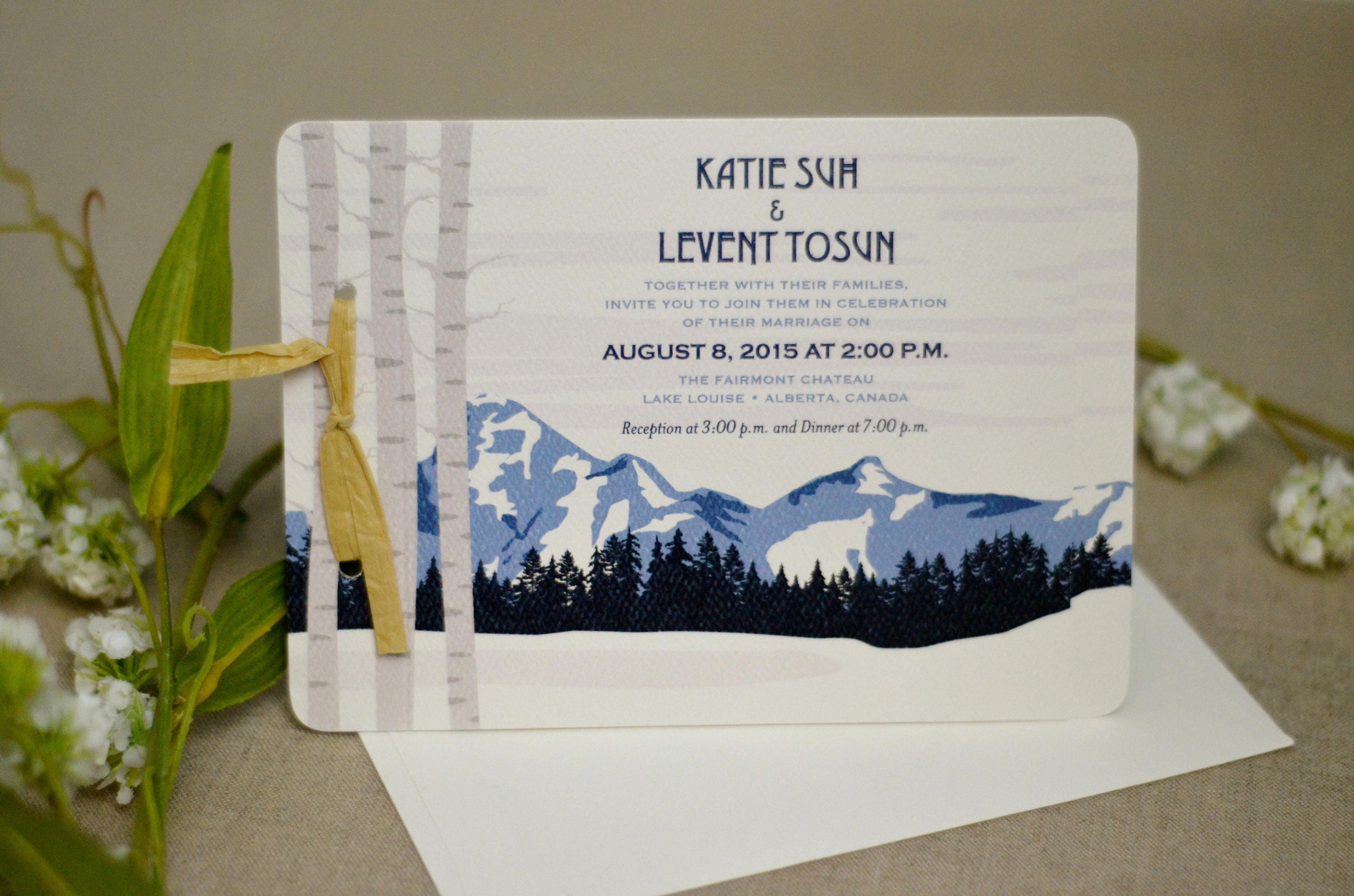 Leavenworth Winter Mountains Wedding Livret 2pg Booklet Invitation with Envelope // Blue Mountain Landscape // BP1