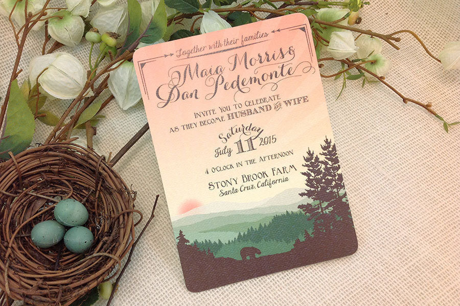 Whimsical Rolling Hills at Sunset with Bear Wedding Invitation 5x7 and A7 Envelope