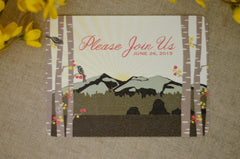 Colorado Landscape Wedding Save The Date Postcard // Rustic Summer Birch Tree Leaves with Birds Longs Peak Mountain // BP1