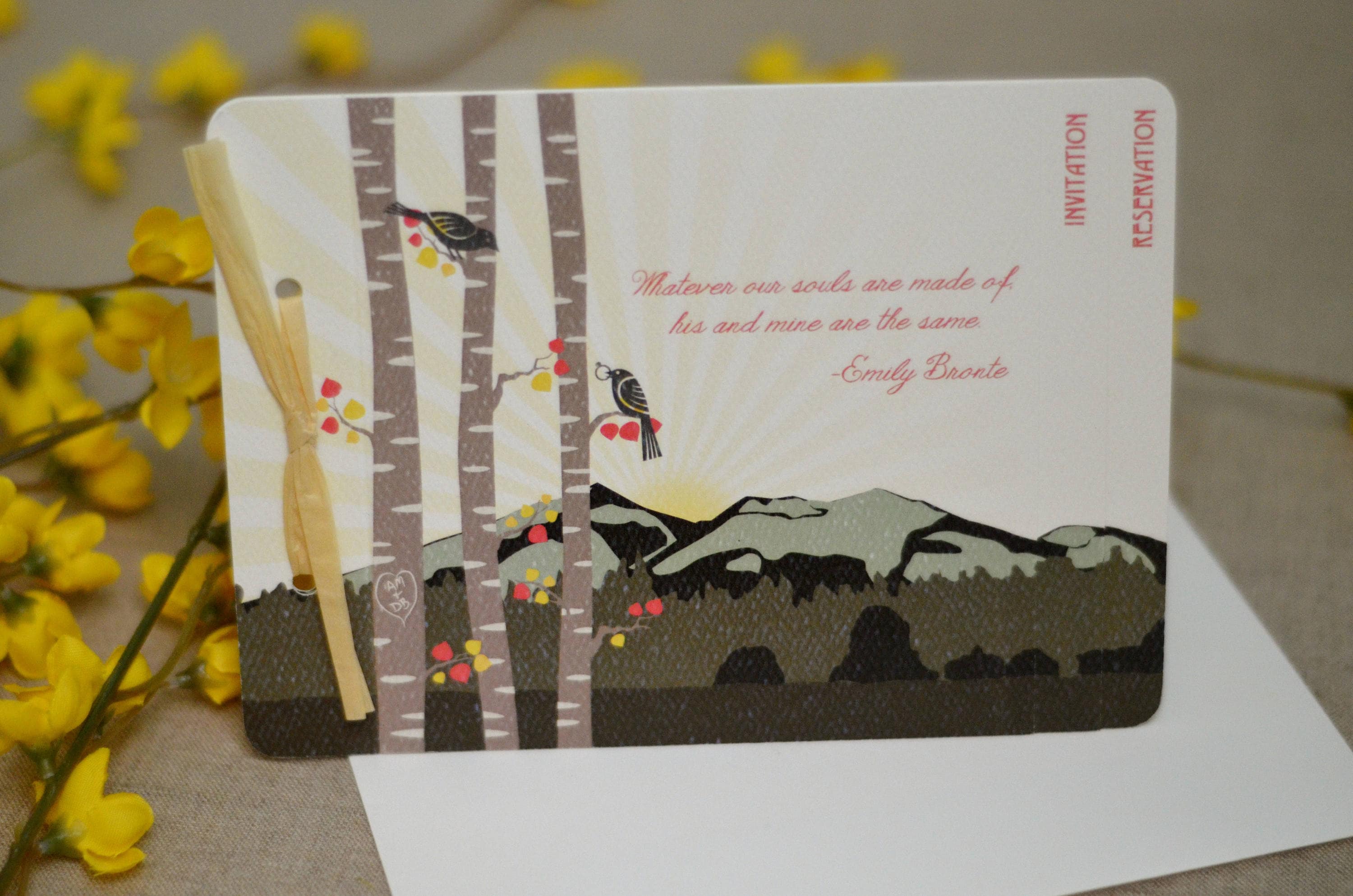Colorado Landscape Wedding Invitation Livret 3pg Booklet // Rustic Summer Birch Tree Leaves with Birds Longs Peak Mountain
