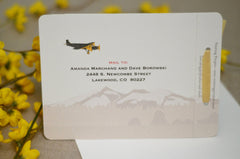 Colorado Landscape Wedding Invitation Livret 3pg Booklet // Rustic Summer Birch Tree Leaves with Birds Longs Peak Mountain