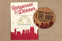 Rustic Nashville Skyline "I Do" BBQ Rehearsal Dinner Cork Coaster Invitation and A7 Envelope