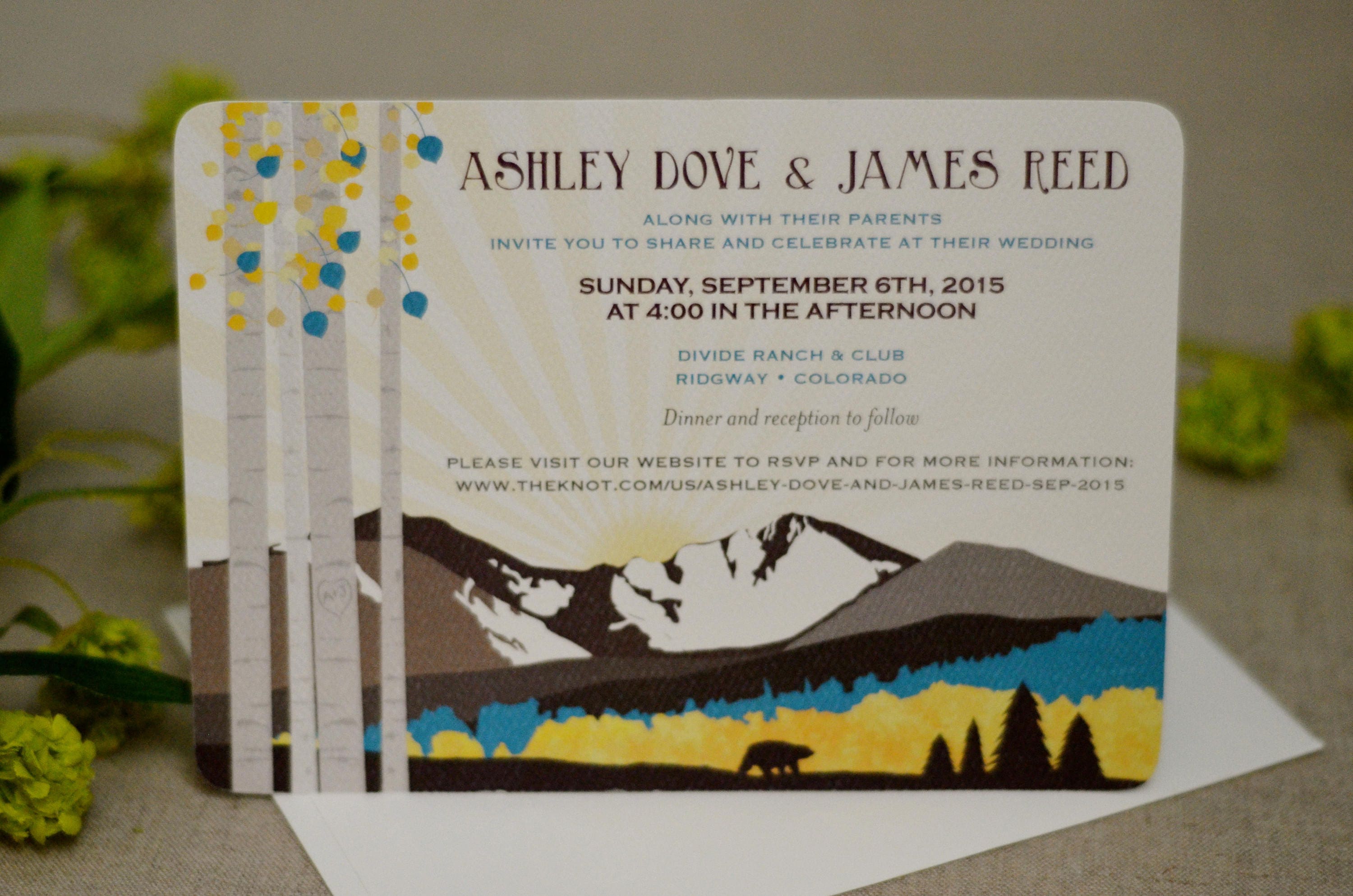 Colorado Mountain Landscape 5x7 Wedding Invitation with Envelope // Longs Peak Yellow Blue Birch Trees with Sunrise