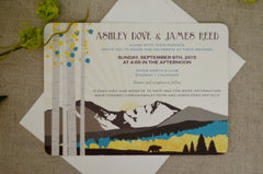 Colorado Mountain Landscape 5x7 Wedding Invitation with Envelope // Longs Peak Yellow Blue Birch Trees with Sunrise
