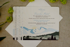 Colorado Mountain Landscape 5x7 Wedding Invitation with Envelope // Longs Peak Winter Snow Birch Trees with Sunrise // BP1