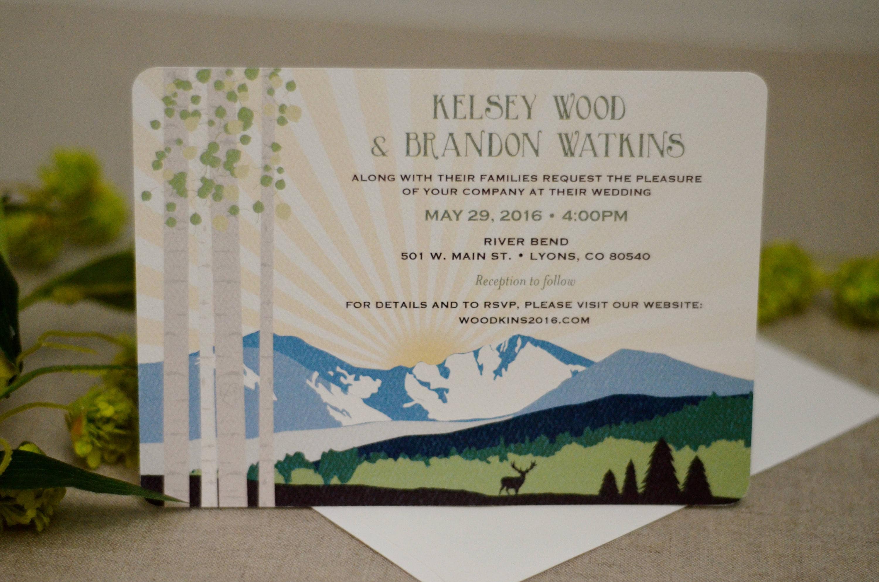 Colorado Mountain Landscape 5x7 Wedding Invitation with Envelope // Longs Peak Green and Blue Birch Trees with Sunrise // BP1