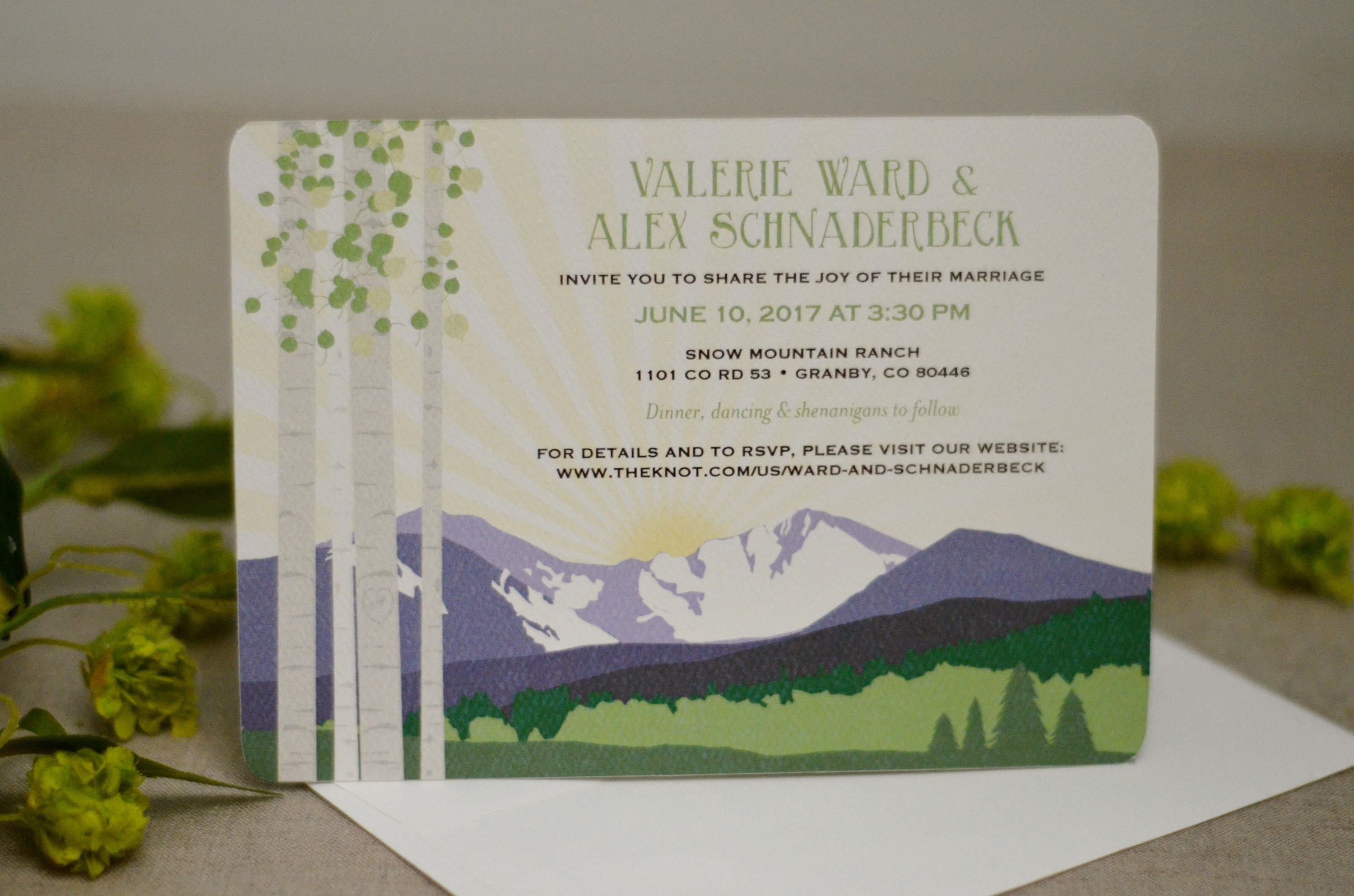 Colorado Mountain Landscape 5x7 Wedding Invitation Postcard // Longs Peak Purple and Green Birch trees with Sunrise