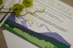 Colorado Mountain Landscape 5x7 Wedding Invitation Postcard // Longs Peak Purple and Green Birch trees with Sunrise