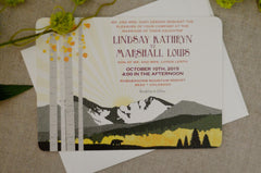 Colorado Mountain Landscape 5x7 Wedding Invitation with Envelope // Longs Peak Yellow Green Birch Trees with Bear