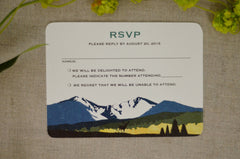 Colorado Mountain Landscape 5x7 Wedding Invitation with Envelope and RSVP Postcard // Longs Peak Birch Trees with Sunrise // BP1