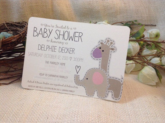 Elephant and Giraffe Baby Shower Invitation with blank envelope // DIY // Printable // Template