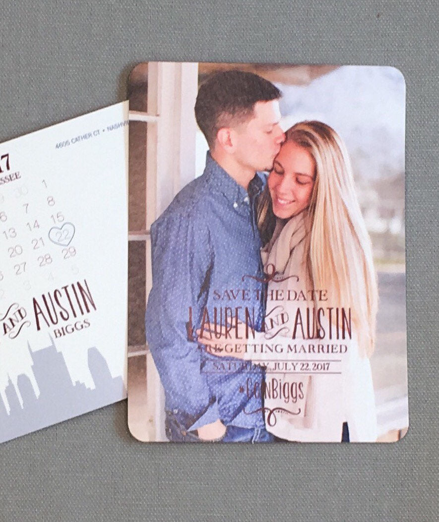 Rustic Photo Wedding Save the Date Postcard with Nashville Skyline and Calendar