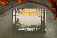 Craftsman Appalachian Rolling Hills with deer by Lake, plus photo on back - Save The Date Postcard