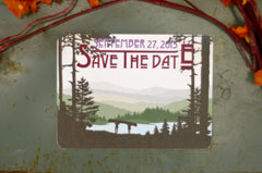 Craftsman Appalachian Rolling Hills and Lake with Couple Carrying a Canoe, purple and burgandy Save The Date Postcard