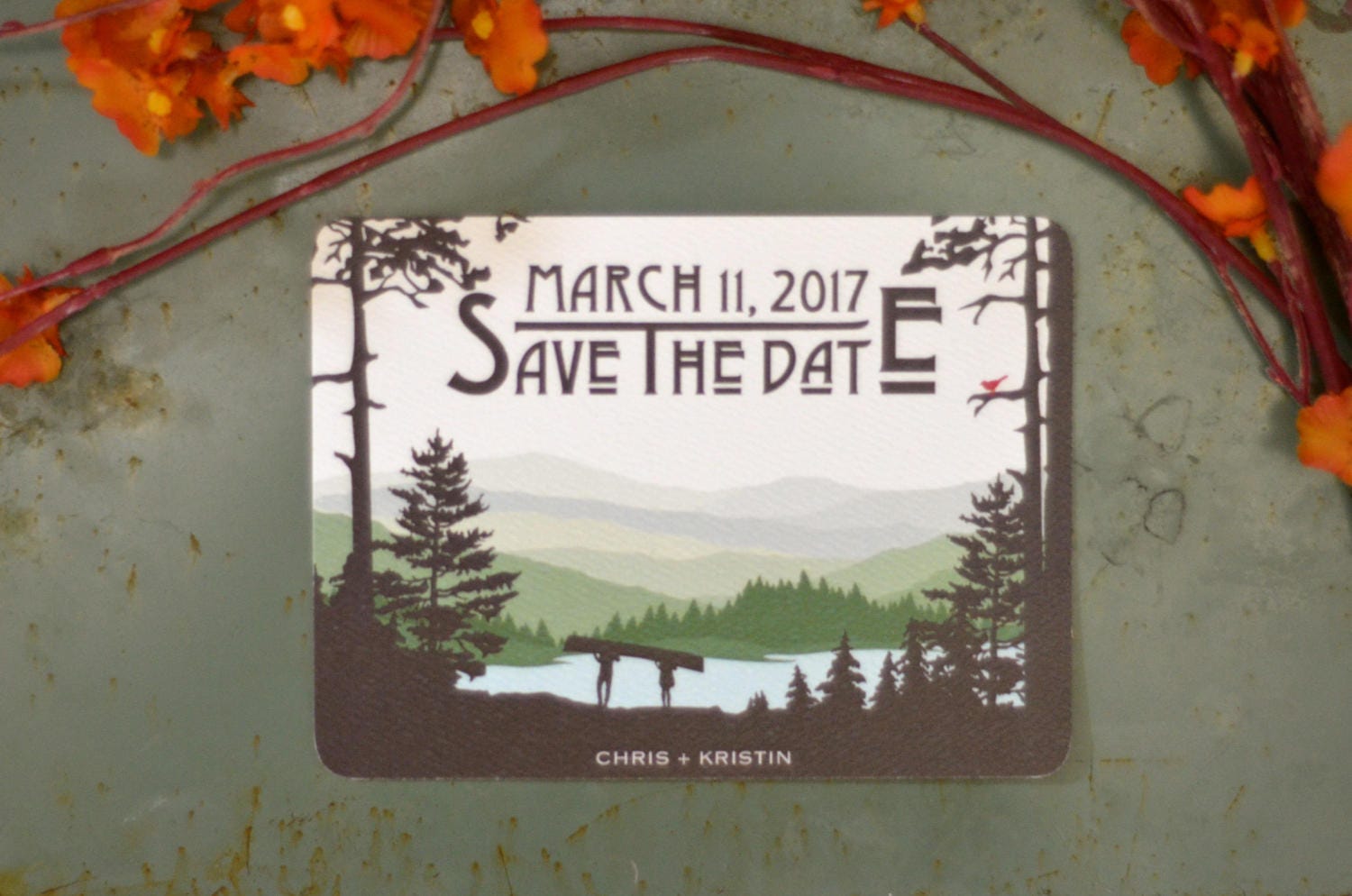 Appalachian Rolling Hills with Couple Carrying a Canoe on the Lake Save The Date Postcard // Mountain Wedding Save the Date