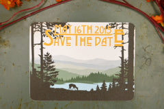 Craftsman Appalachian Rolling Hills with deer by Lake gold - Save The Date Postcard