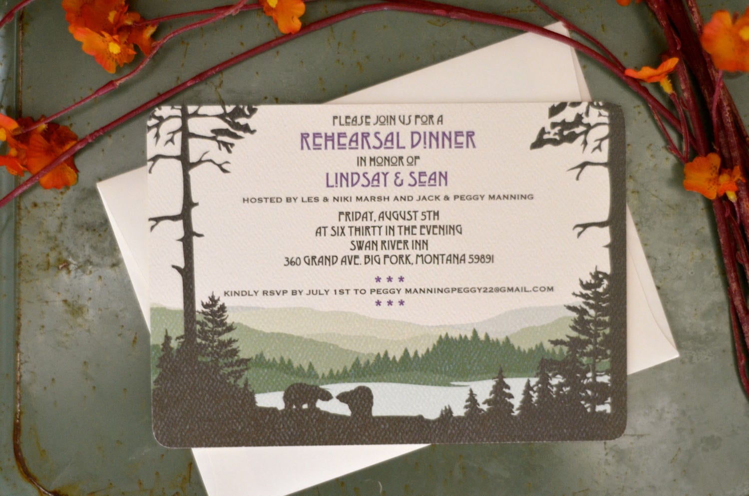 Catskill Mountains with River and Bears Rehearsal Dinner Invitation // 5x7 Rehearsal Invitation with A7 Envelope