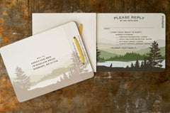 Appalachian Green Mountains Livret Booklet Wedding Invitation with A7 Envelopes // Couple Canoe with Dog