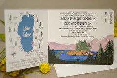 Lake Tahoe Wedding Invitation Landscape with Fannette Island, 3pg Livret Wedding Invitation Booklet Style with Postcard RSVP, Lake Wedding