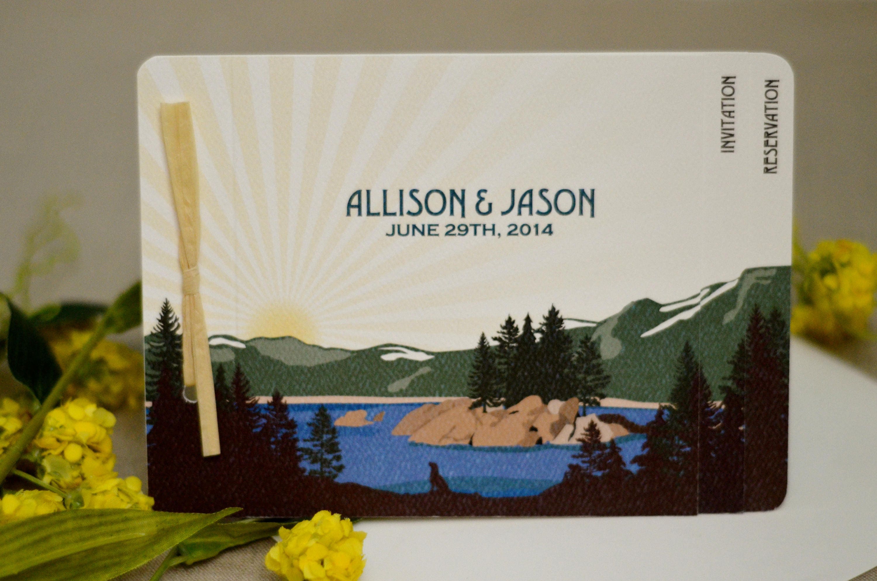 Lake Tahoe Mountain Landscape with Fannette Island Sunrise //3pg Livret Wedding Invitation Booklet Style with Postcard RSVP // BP1