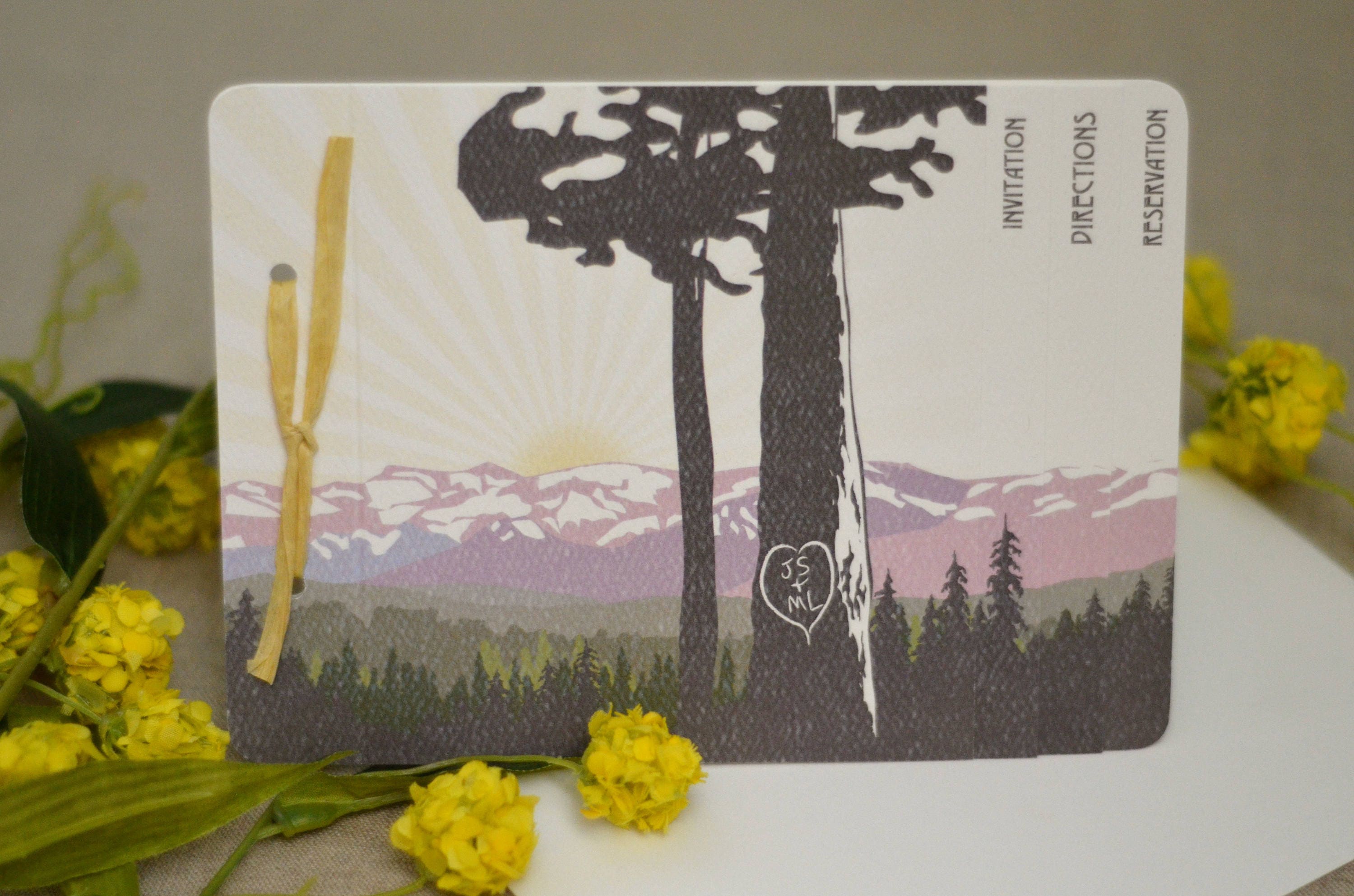Lake Tahoe Landscape with Purple Mountain Range Sunset // 4pg Livret Wedding Invitation Booklet Style with Postcard RSVP // BP1