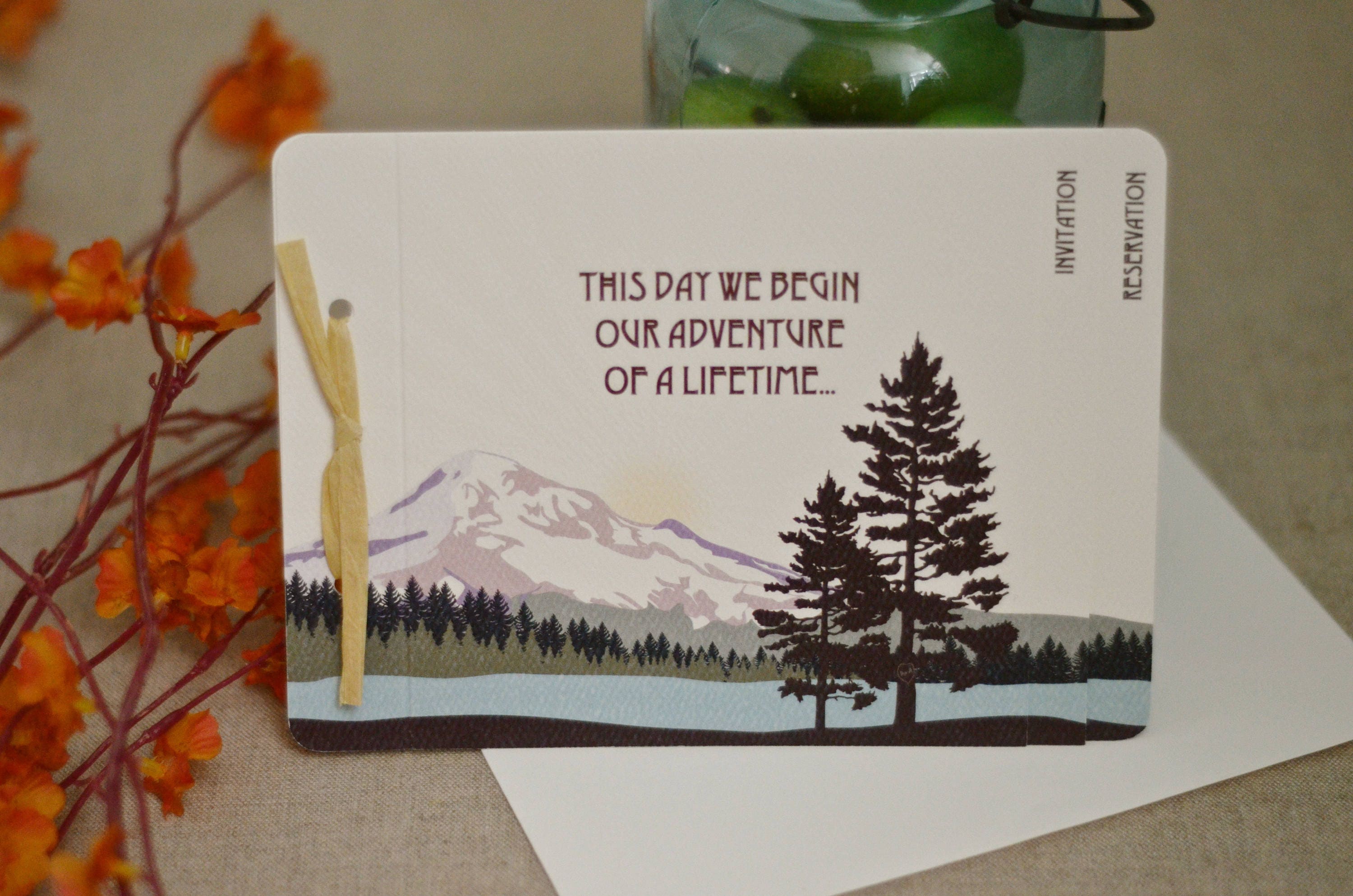 Mt. Hood Oregon Mountain Purple Landscape // 3pg Unique Rustic Livret Wedding Invitation Booklet Style with Postcard RSVP