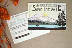 Mt. Hood Oregon Yellow Sunset Landscape // Purple and green Snow Cap Mountains //Wedding Invitation Save The Date Postcard