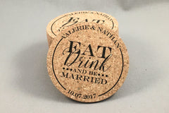 Eat Drink and be Married Wedding Cork Coaster Favors Personalized with Names and Wedding Date // Wedding Reception Cork Coaster Favor