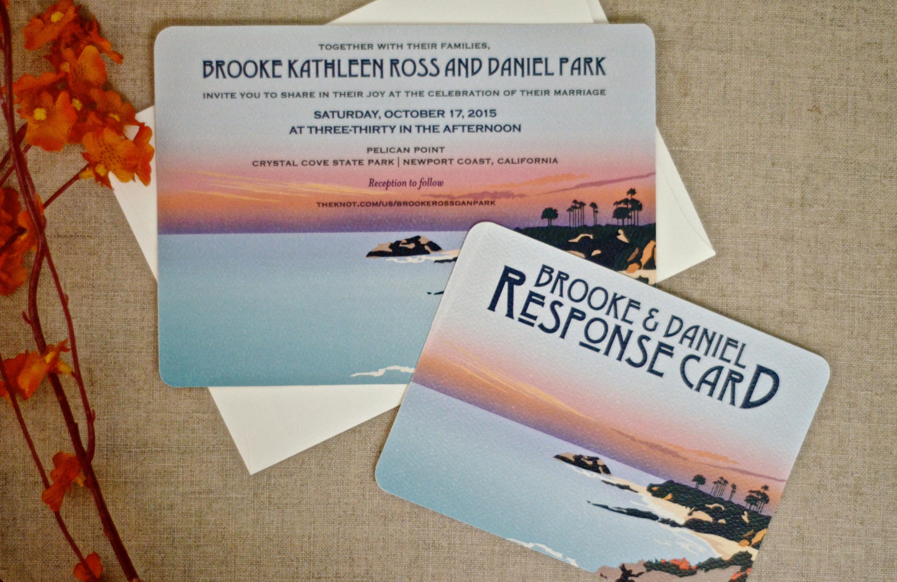 Newport Beach Sunset with Poppies // 5x7 Wedding Invitation with Envelope and RSVP Reply Postcard // BP1