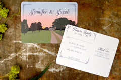 Family Farm House with Country Lane Sunset Wedding Invitation 5x7 with A7 envelopes & RSVP Postcard  - BP1