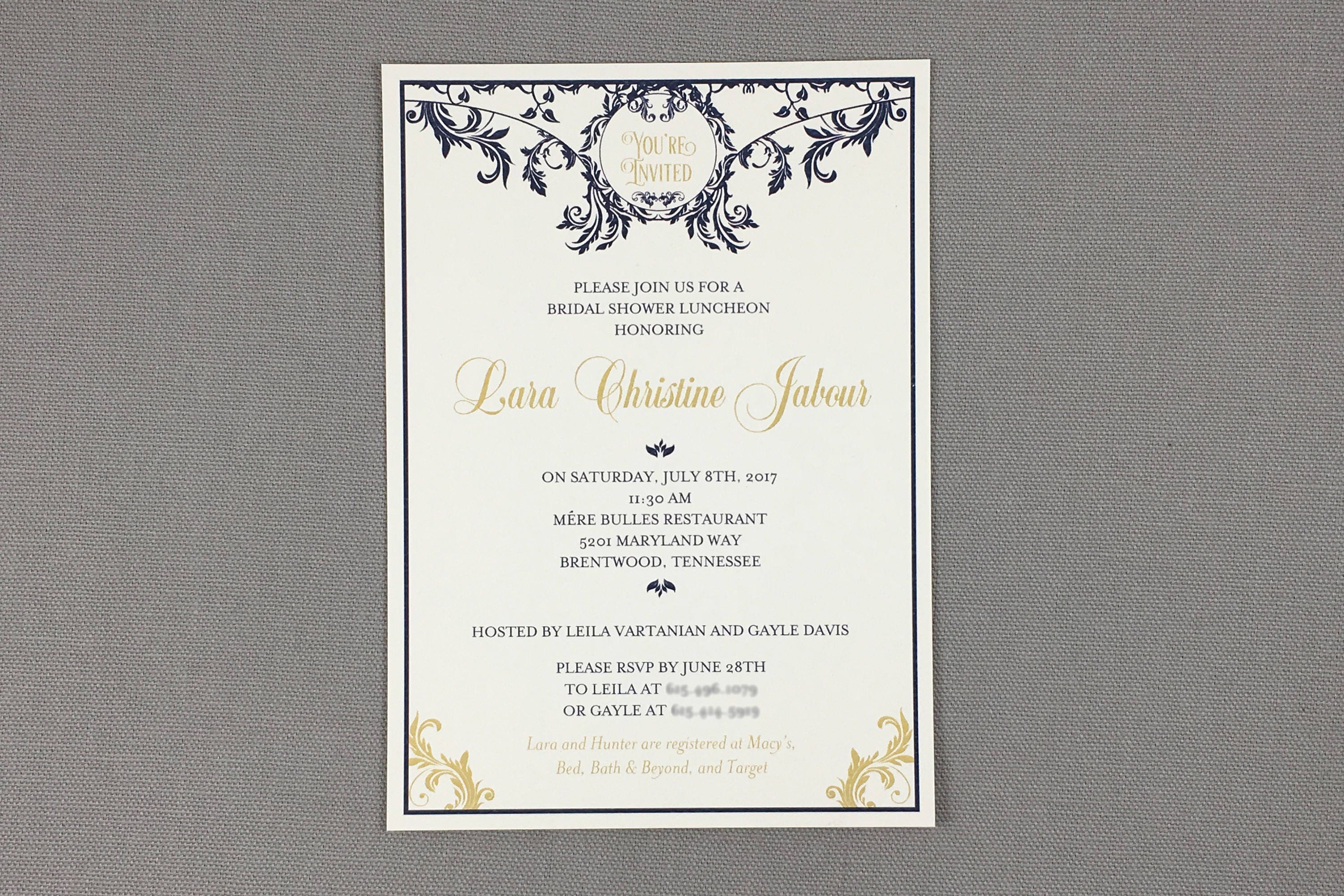 Navy and Gold Bridal Shower Invitation - Art Nouveau with Flourish 5x7 Bridal Shower Luncheon Invitation