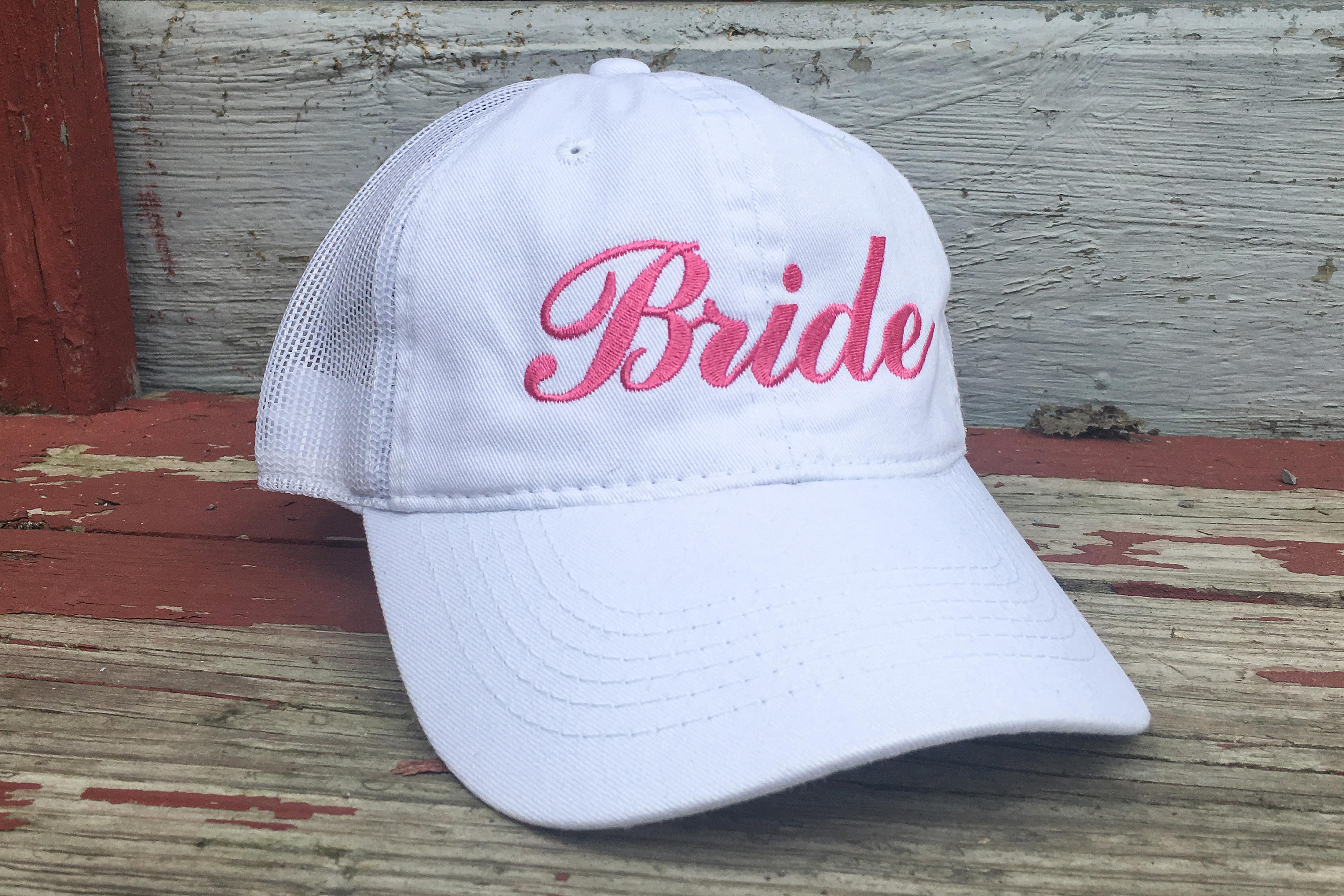 White Bride Hat with Hot Pink Thread Mesh Trucker Hat
