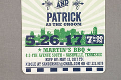 Rustic Hatch Navy and Green with Nashville Skyline Rehearsal Dinner 5x7 Invitation with Envelope