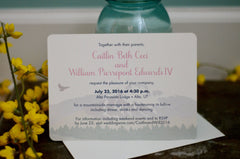 Pikes Peak Colorado Mountains Wedding Invitation 5x7 with Envelope // Pink and Blue Landscape