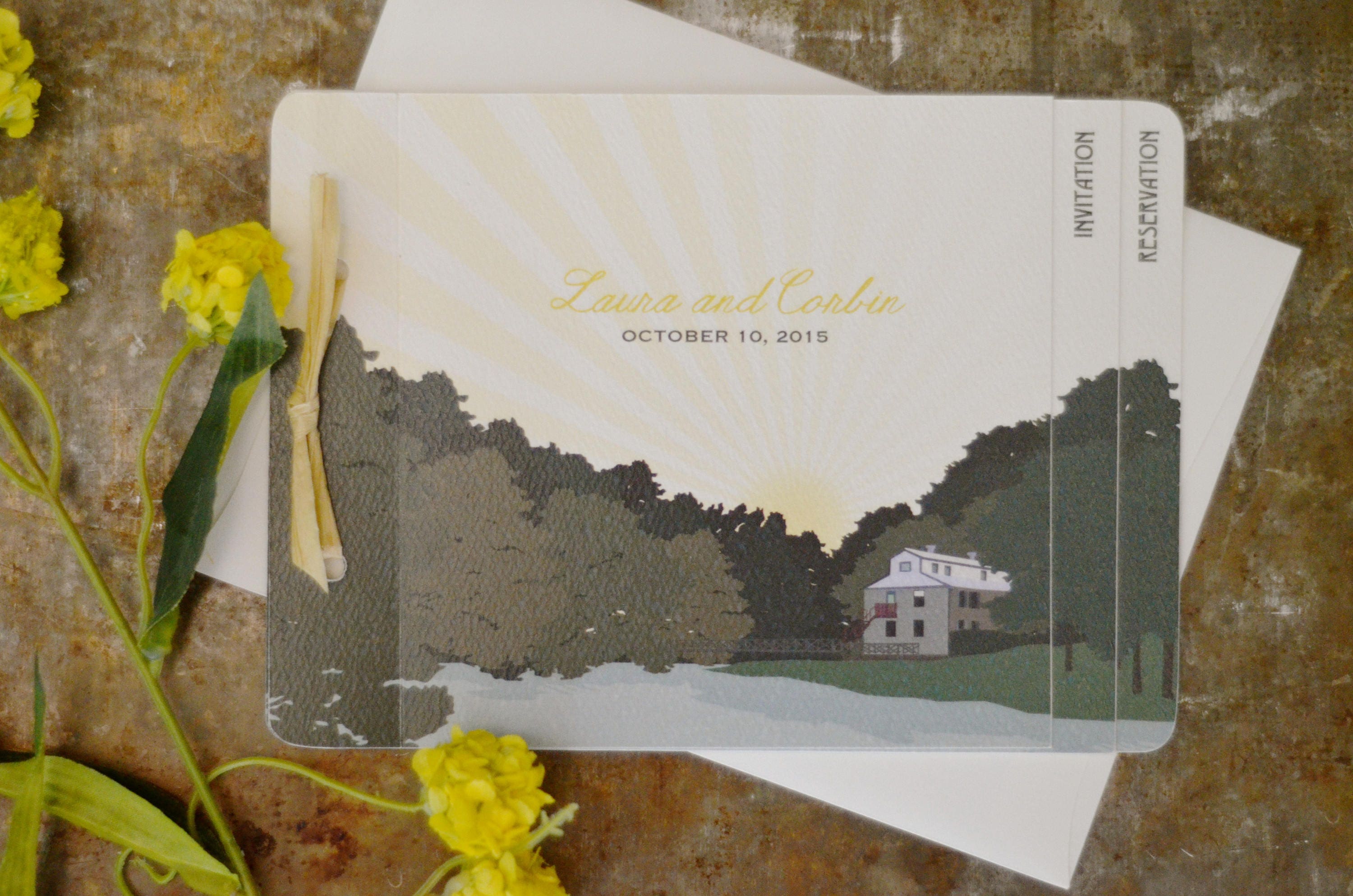 The Inn at Evins Mill Tennessee 3pg Livret Booklet Wedding Invitation with Tear-off RSVP Postcard & A7 Envelopes