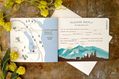 Denali Alaskan Mountains with Bear Sunrise 5x7 4pg Livret Booklet and Tear-off RSVP Postcard / A7 Envelopes