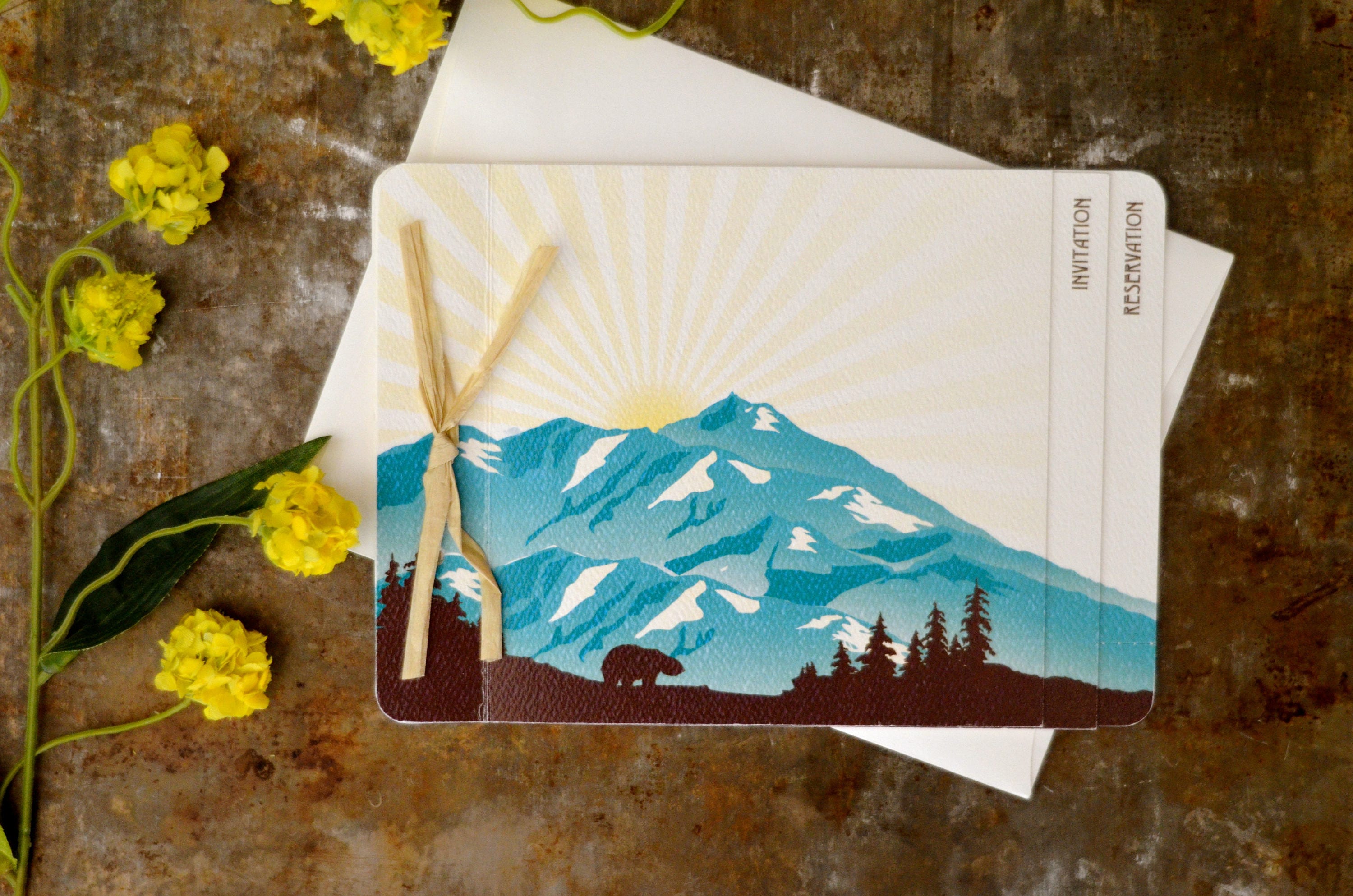 Denali Alaska Wedding Invitations, Alaskan Mountains with Bear Sunrise 5x7 3pg Livret Booklet and Tear-off RSVP Postcard / A7 Envelopes