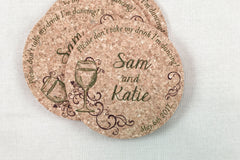 Wine Themed Cork Coaster Favor Please don't take my drink I'm Dancing Personalized with Names and Wedding Date