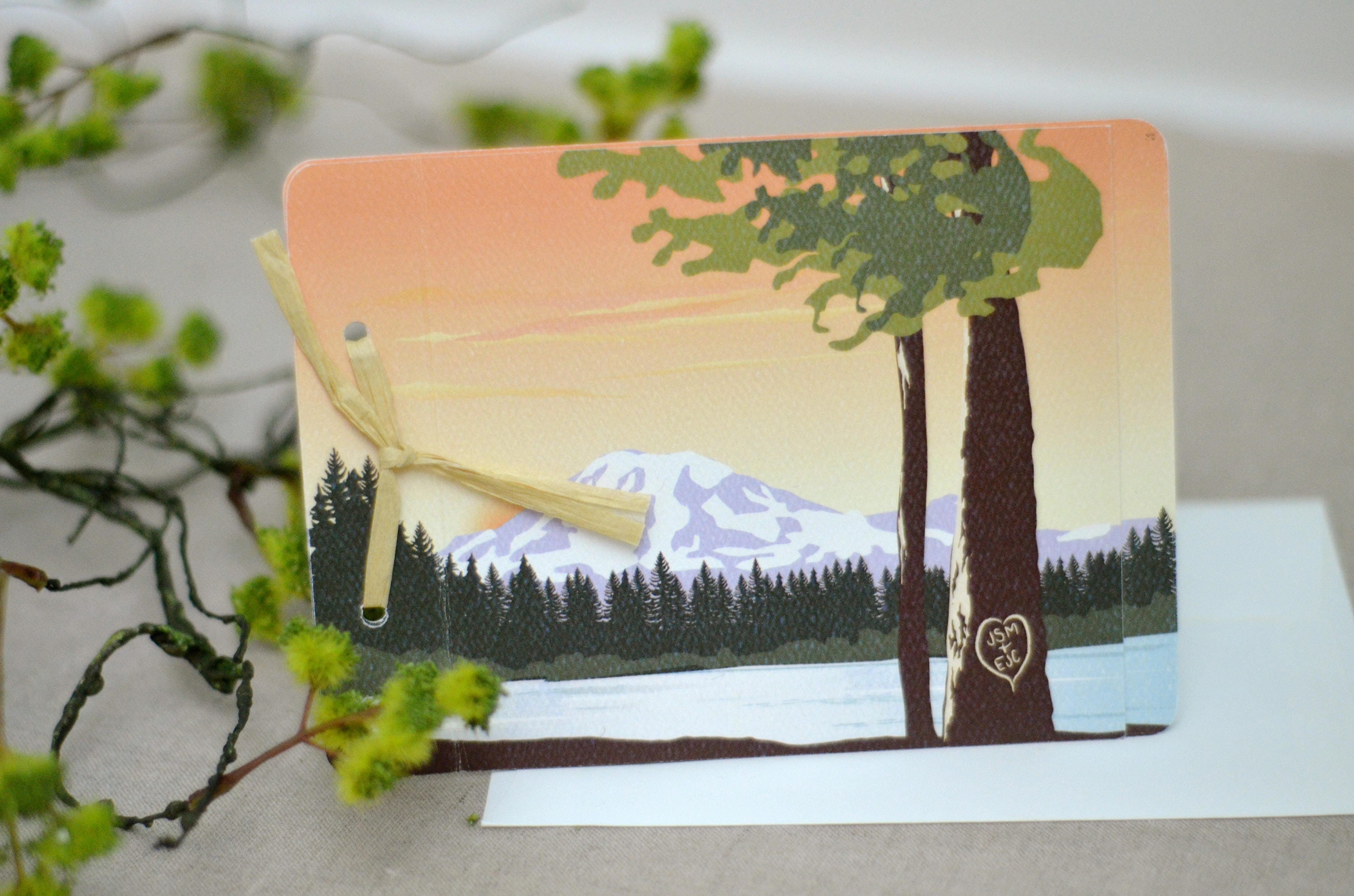 Mount Rainier National Park Washington Mountain with Sunset Forest 2pg Livret Booklet Wedding Invitation with Envelope