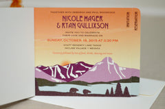 Lake Tahoe Purple Mountain Landscape Wedding Invitation 5x7 3pg Livret Booklet / A7 Envelopes - BP1