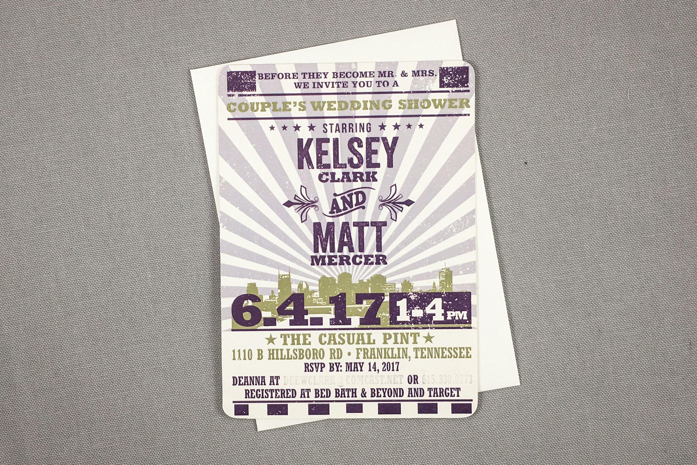 Hatch Concert Poster Couples Wedding Shower Invitation Purple and Green