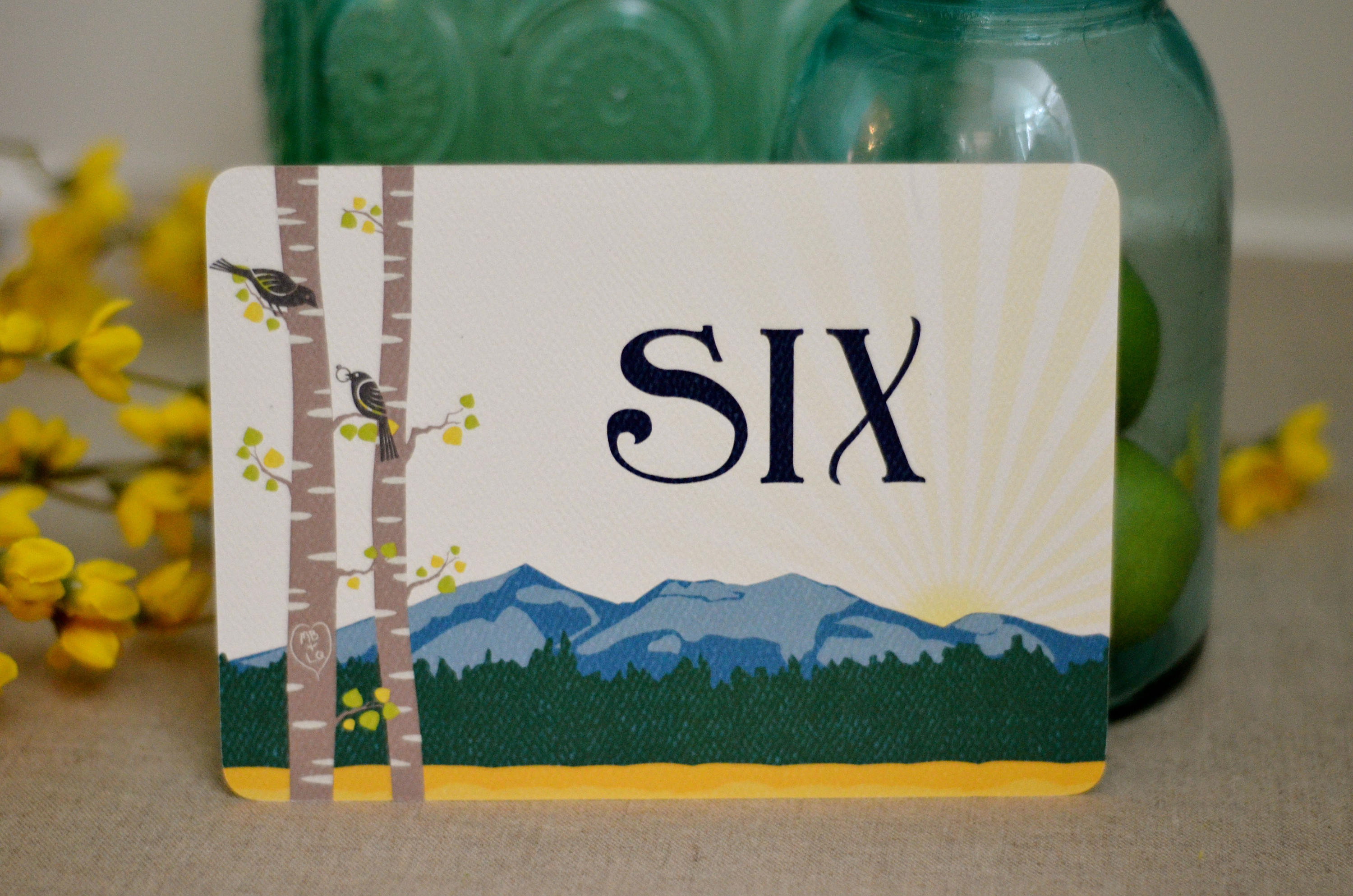 Spring Rocky Mountain Landscape with Birch Trees Table Numbers / Place Cards for Wedding Reception 5x7