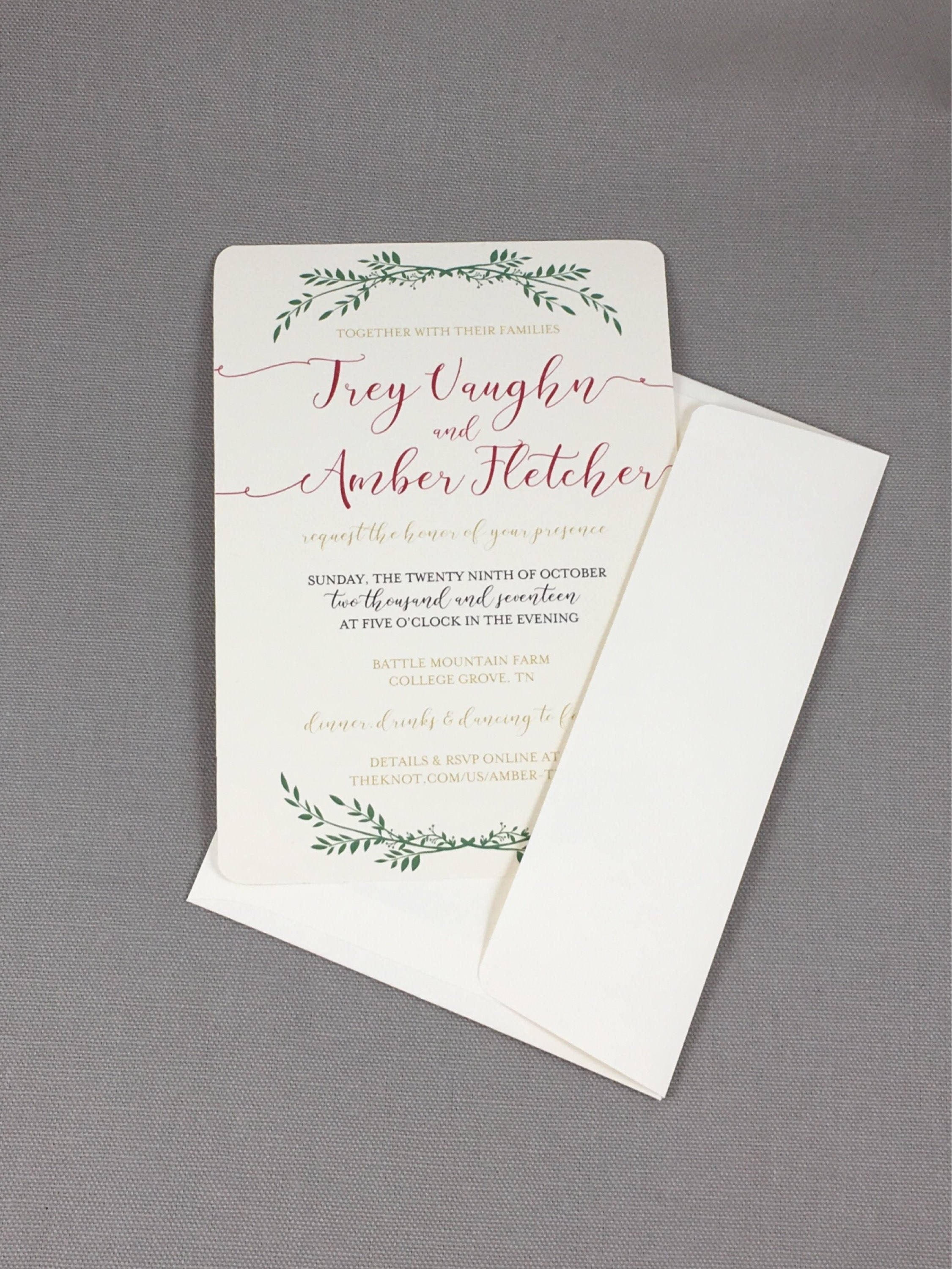 Cranberry and Gold Elegant Script with Greenery 5x7 Wedding Invitation with A7 envelope