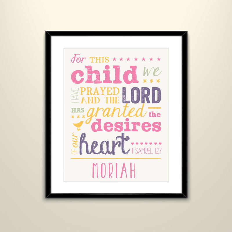 Nursery Art Print For this Child we have Prayed Pink and Yellow 11x14 Poster - Wedding Poster personalized  (frame not included)